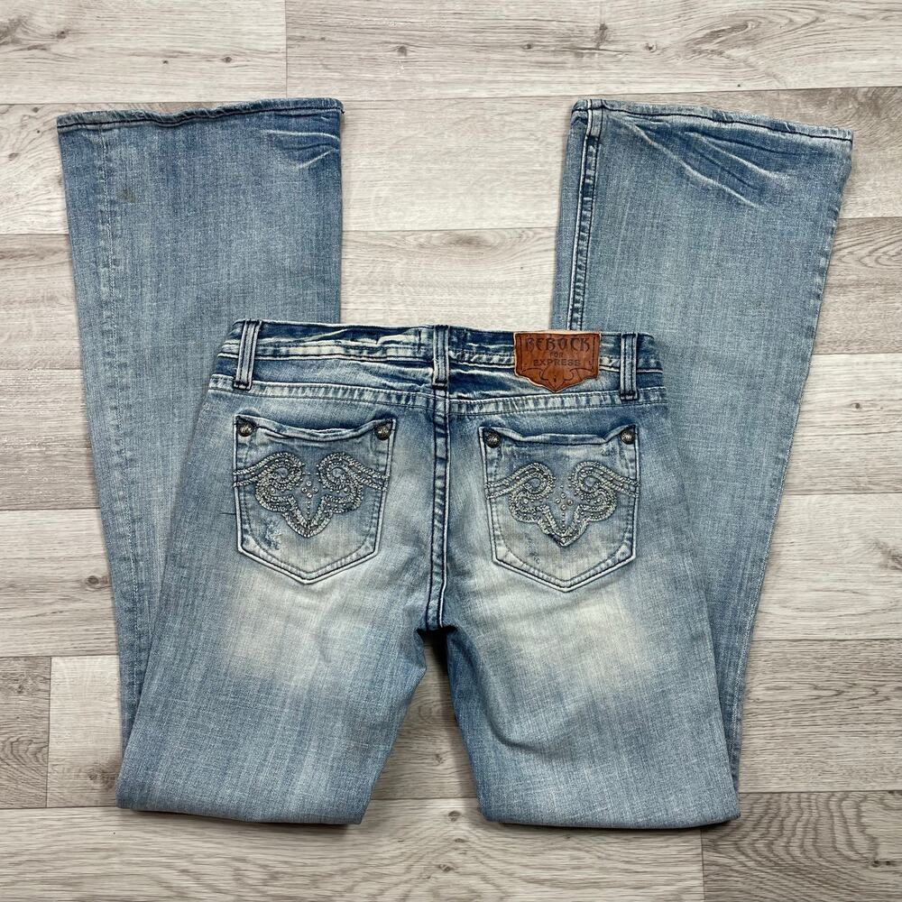 🔥Y2K Rerock Express Flare Bootcut Jeans Low Rise Rhinestone Stretch Distress - Picture 5 of 15